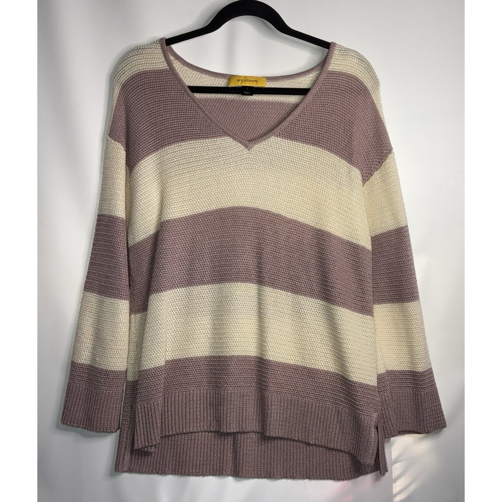 St. John V Neck Sweater Size Large Wool Blend Knit Striped Purple Off‎ White